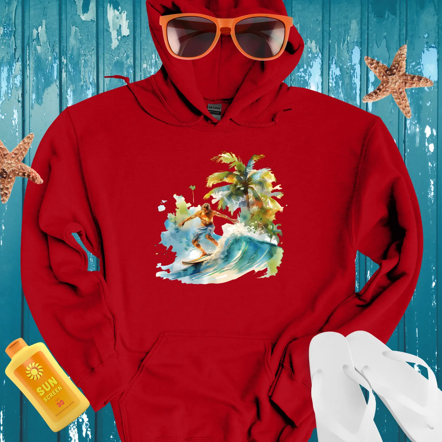Watercolor Surfer Hoodie With Lush Tropical Design