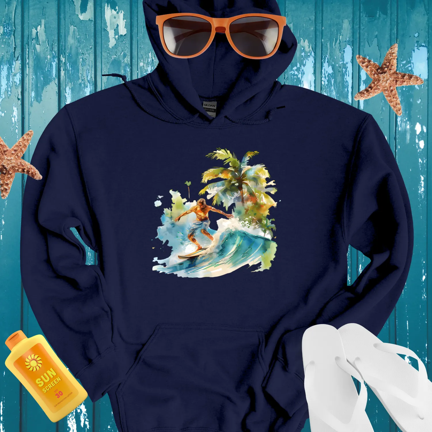 Watercolor Surfer Hoodie With Lush Tropical Design