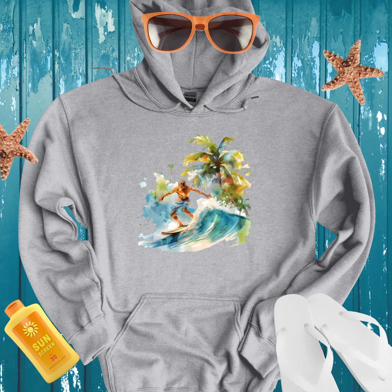 Watercolor Surfer Hoodie With Lush Tropical Design