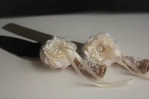 Wedding Cake Server Set, Rustic Cake Serving Set, Burlap Cake Cutting Set