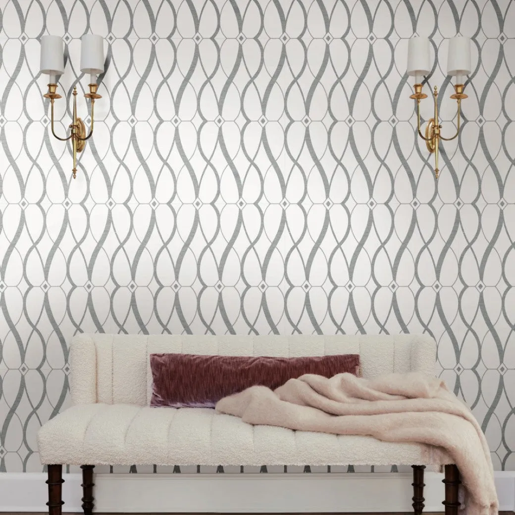 White & Silver Graceful Geo Wallpaper (60 SqFt)