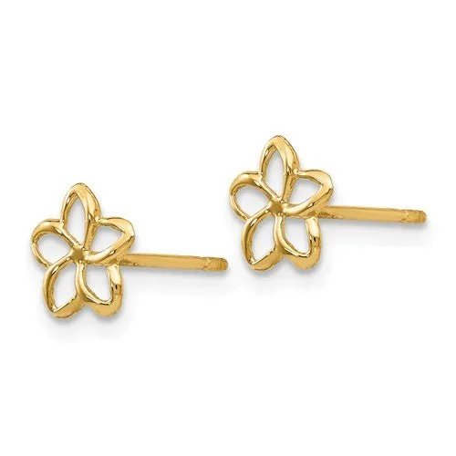 Yellow Gold Plumeria Flower Post Stud Earrings